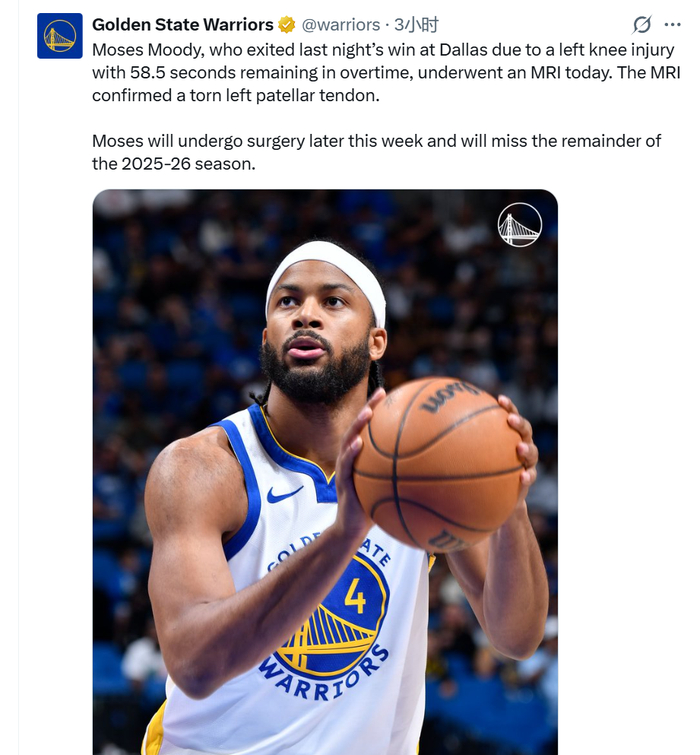 勇士侧翼穆迪左膝髌腱撕