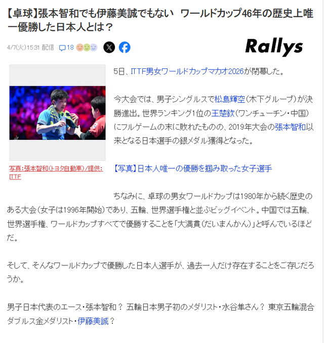 日乒46年仅一人问鼎世界杯 女将平野美宇曾创历